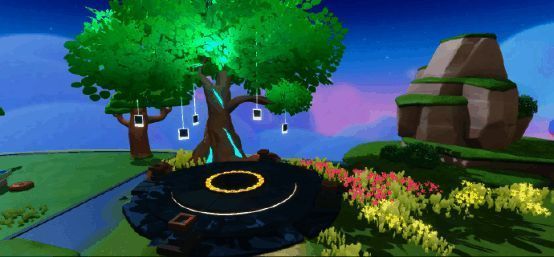 MOMO岛传送场景画面，祭坛周围光影交错，充满奇幻氛围