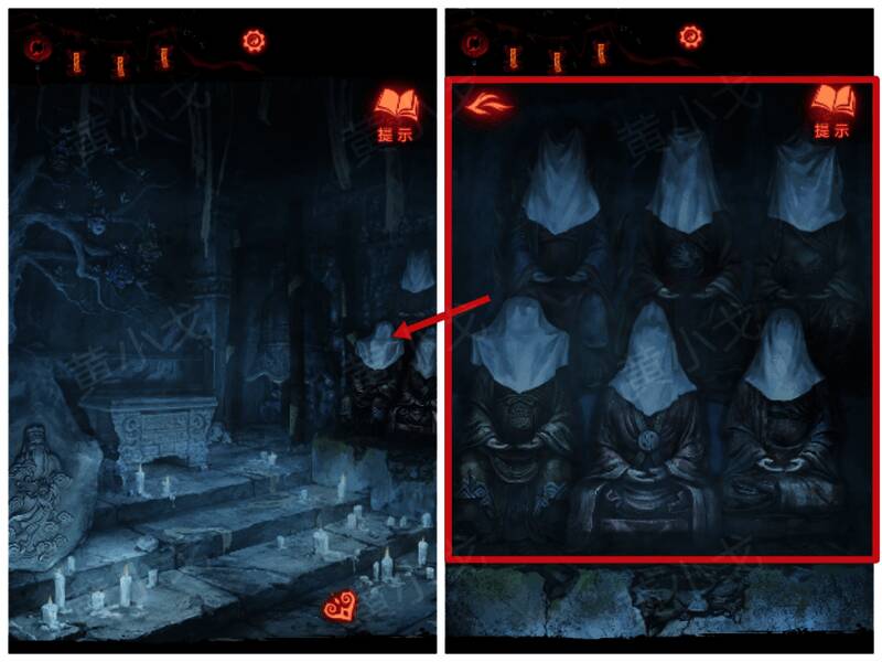 塔内神像白布覆盖下的神秘头型特写