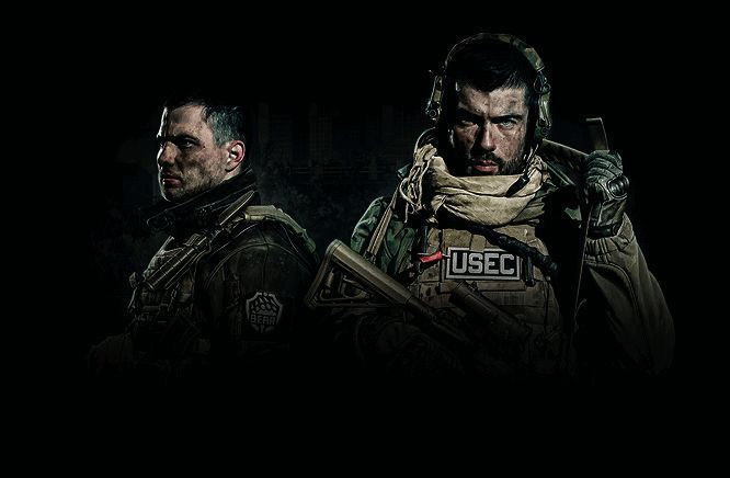 《逃离塔科夫》游戏实机画面，角色在废墟中持枪警戒，环境细节逼真