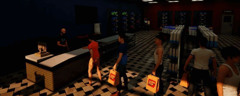 游戏主界面展示，复古风格的像素游戏店外观，招牌上写着 Gamer Stop 字样