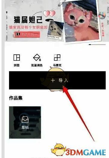 醒图软件主界面展示，突出显示导入按钮位置