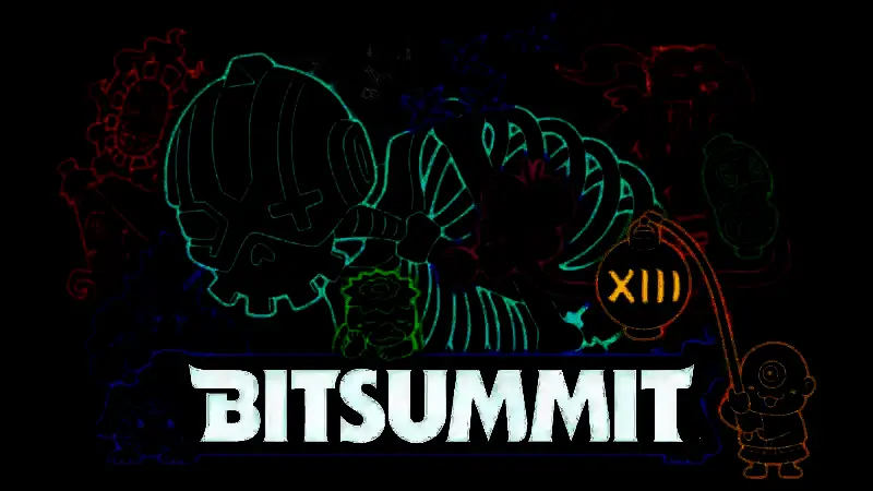 BitSummit舞台现场图，多位嘉宾并排站立，背景为大型电子屏幕，展示游戏画面