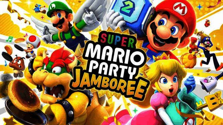 多人聚会场景中，玩家围绕电视欢笑互动，屏幕中显示着《超级马力欧派对 空前盛会》的游戏画面，气氛热烈