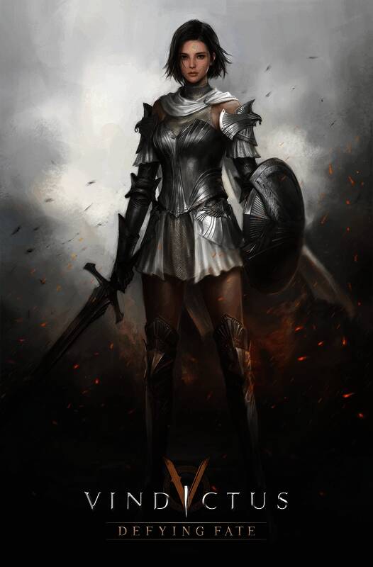 菲奥娜角色立绘展示，身穿重甲手持长剑，神情坚定目光如炬