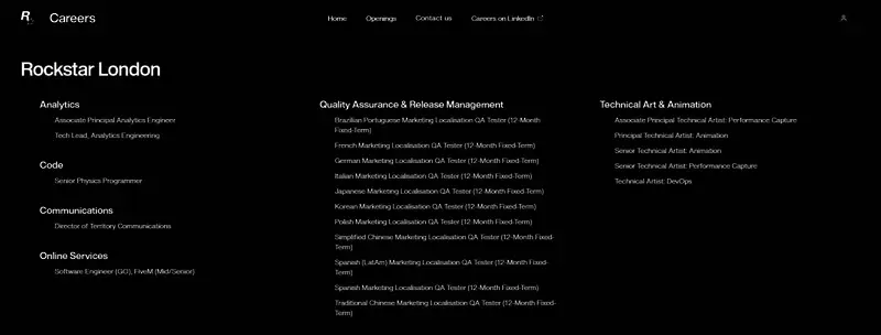 R星官网截图显示《GTA6》相关招聘信息页面