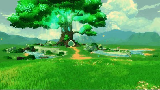 MOMO岛·时之屿神树场景，树下石板与拍立得照片构成温馨画面