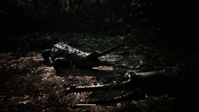 角色身着鳄鱼装匍匐前进，环境细节逼真自然