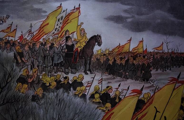 张角三兄弟雕像，身穿古代起义军服饰，神情坚定