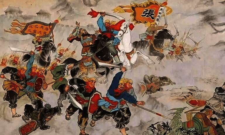 战场废墟中的黄巾旗帜，背景是硝烟弥漫的天空