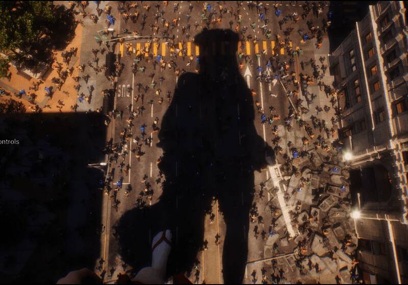 “小人类”视角下仰视巨人腿部特写，视觉压迫感强烈