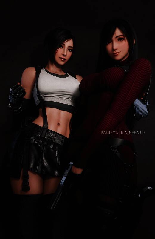 伊芙穿着蒂法经典装扮的正面与侧面特写画面