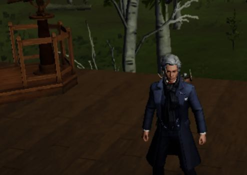 角色手持武器在野外潜行，背景可见远处的敌人身影