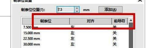 制表位列表展示图，详细列出每个制表位的位置信息