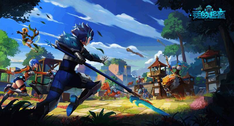 玩家在起源大陆上与队友组队探索，背景可见巨大的古代遗迹，画面充满史诗感