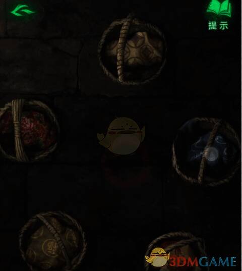 游戏界面展示五个竹篮摆放示意图