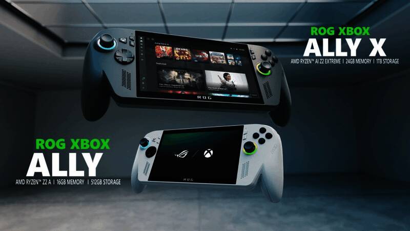 Xbox品牌标志与多种外设产品陈列图，象征其硬件合作模式的变化