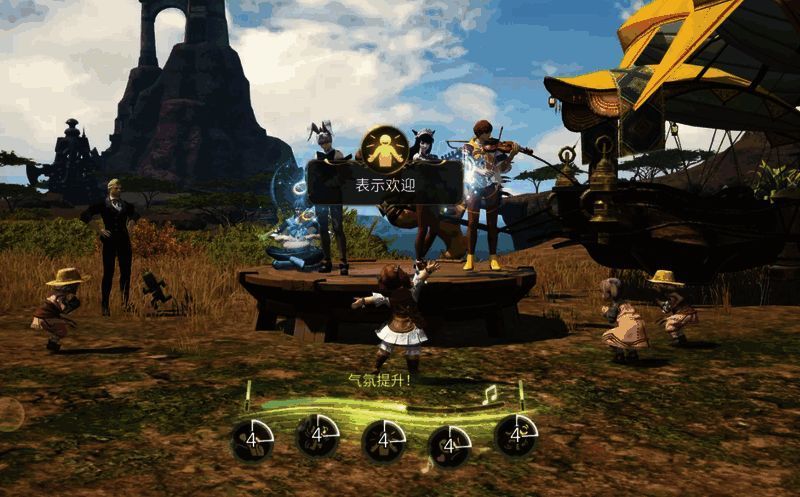 玩家身着统一风格服饰，与乐团成员一同演出