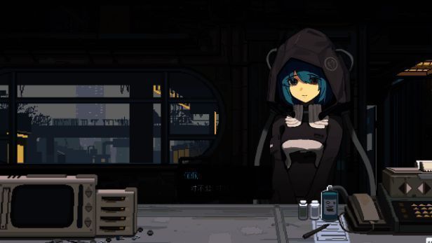 展示城市全景的俯瞰视角，高楼林立，光线昏暗