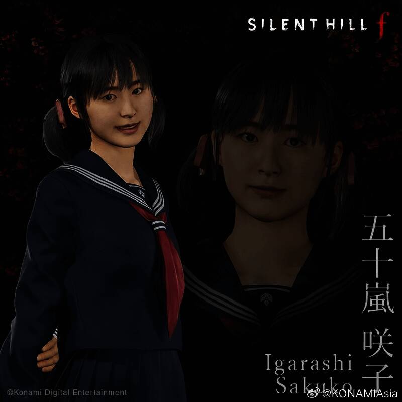 寂静岭f游戏LOGO特写，背景为浓雾笼罩的诡异小镇