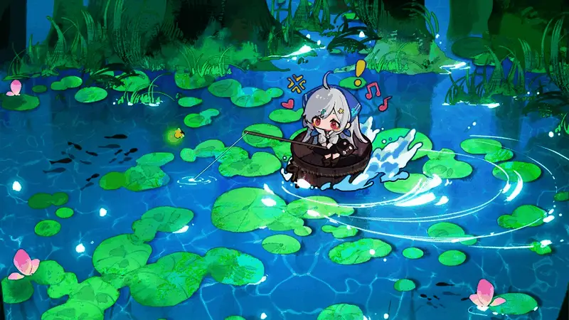 角色手持钓竿垂钓场景，背景为辽阔海域，阳光洒落水面波光粼粼