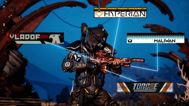 《无主之地4》游戏画面展示新武器系统细节，枪械表面带有多种品牌标识与特殊效果