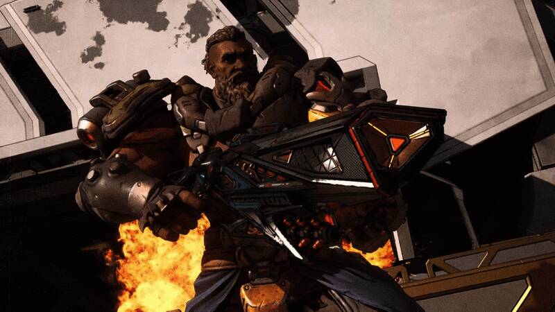 《无主之地4》角色手持一把融合多个品牌特性的武器，背景为科幻战场环境