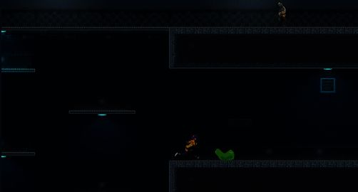 主角Exia在废墟中穿行，周围是被病毒感染的建筑与残骸