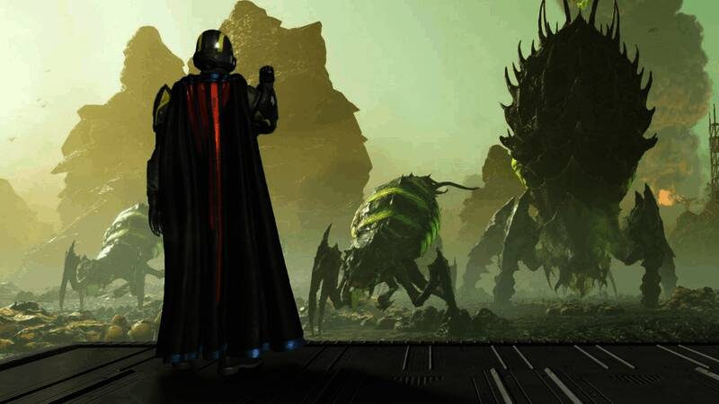 《绝地潜兵2》中推出的‘自由之柱’斗篷设计图，四条红色竖线图案清晰可见