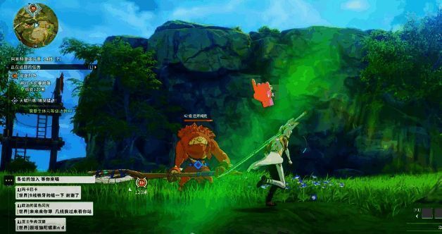 玩家在山崖顶部向下攻击姆克头目，画面展现地形优势