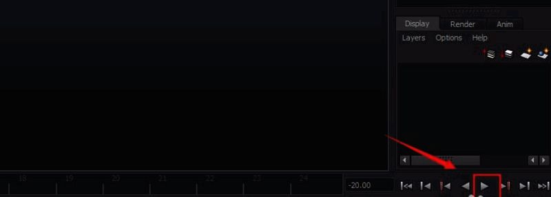 Maya时间轴控制面板特写，播放按钮被高亮显示