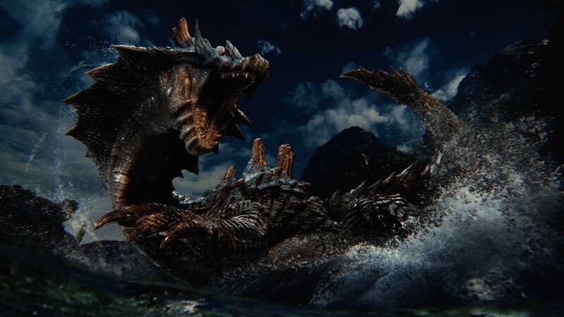 《怪物猎人：荒野》游戏实机画面，猎人与巨型怪物激烈对战