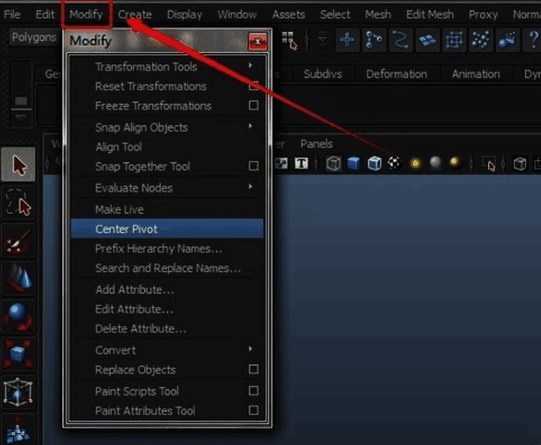 点击下拉菜单中的Center Pivot选项