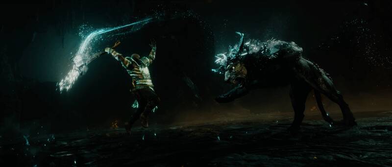 战神游戏画面使用后的路径追踪体积雾效果，雾气层次分明，光线散射自然