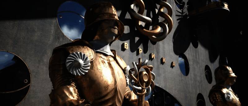 《原子之心2》游戏画面展示，角色穿梭于充满科幻感的城市废墟中，光影效果逼真