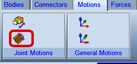 Adams界面展示，顶部菜单栏选中 Joint Motions 选项