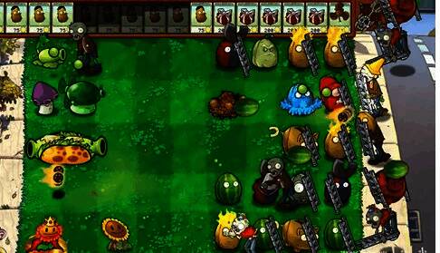 游戏界面展示气球扶梯僵尸被击落后手持梯子继续前进的画面