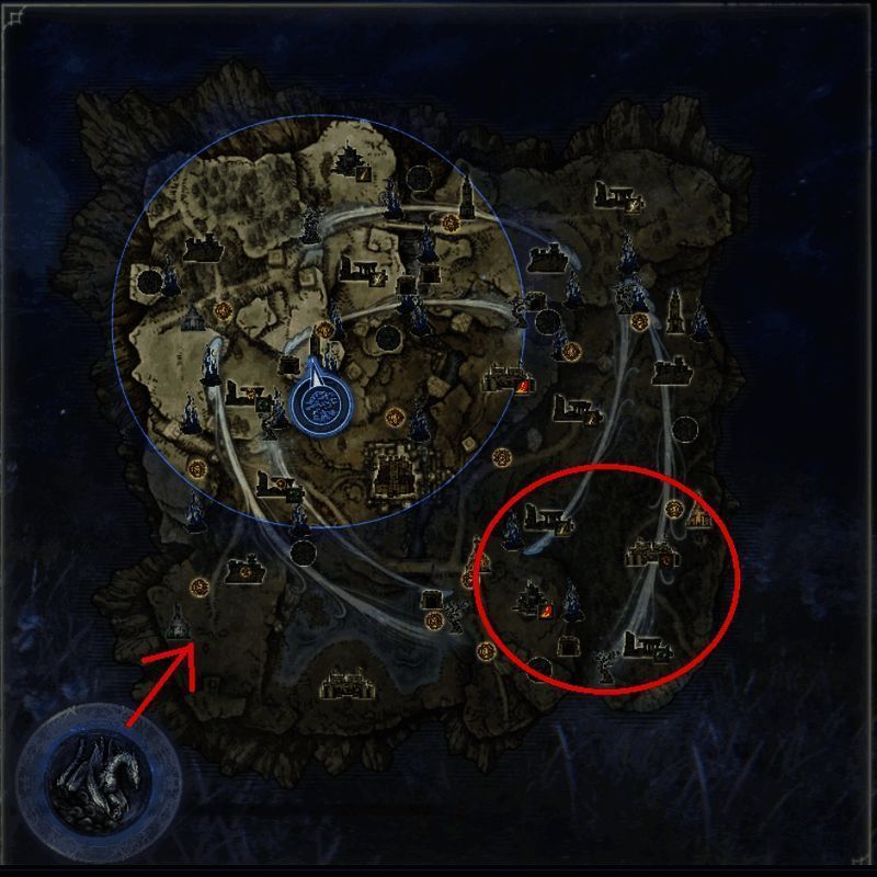 游戏地图局部展示，多个关键地点被高亮标注便于识别