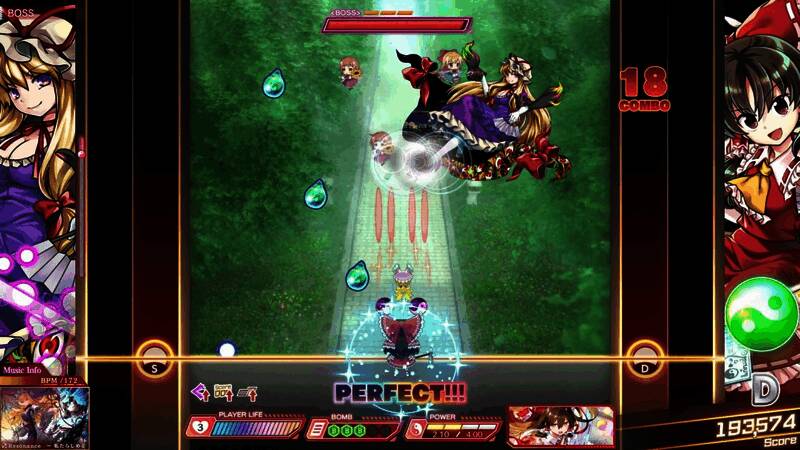 弹幕关卡中角色躲避密集弹幕，结合节奏精准射击