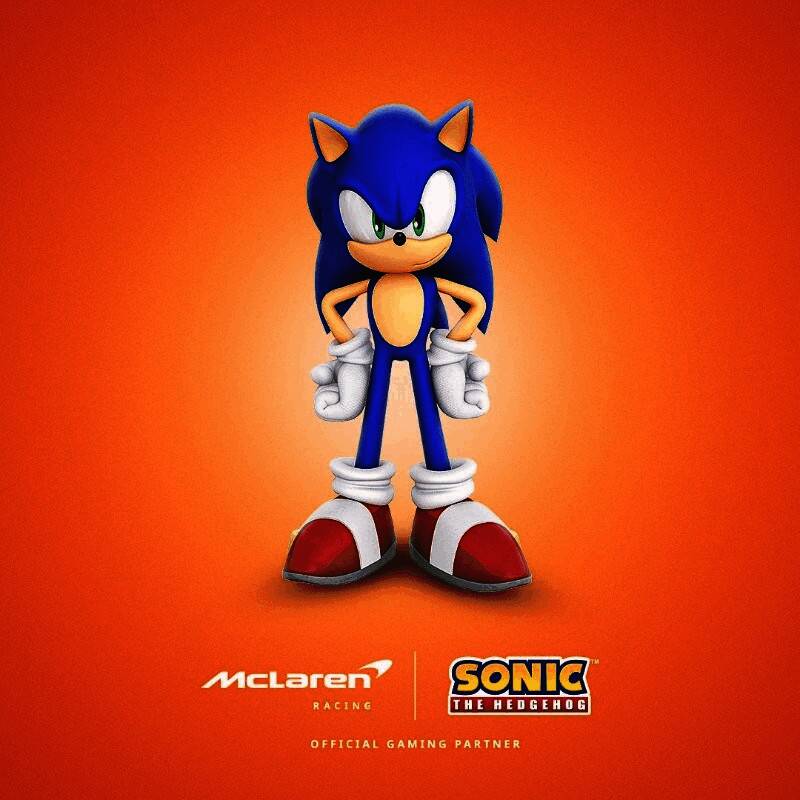 索尼克与迈凯伦赛车同框概念图，索尼克身上的刺上新增帕派雅橙条纹设计