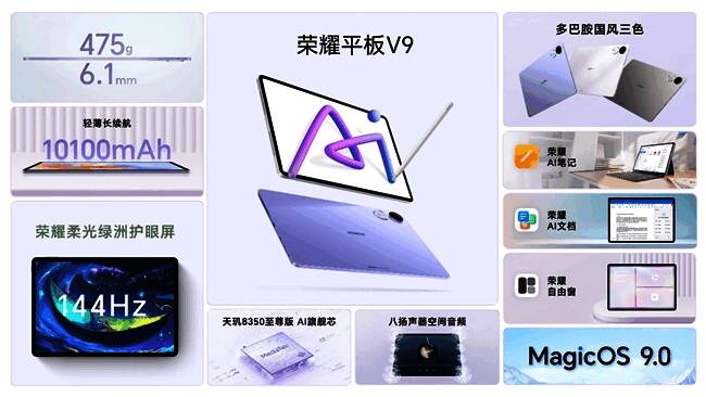 荣耀平板V9正面展示，突出其轻薄外观与高分辨率屏幕细节
