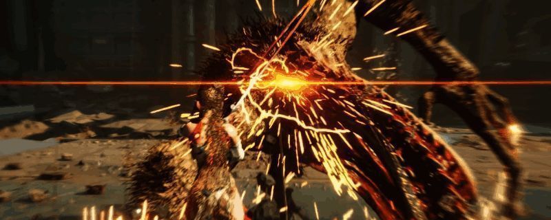 伊芙进行完美格挡的战斗画面，角色举起武器精准防御