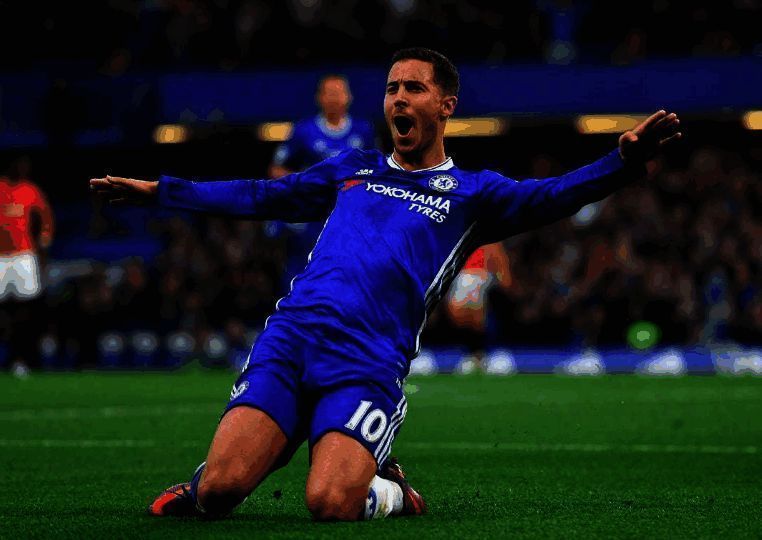 游戏内宣传图，展示阿扎尔身穿切尔西球衣的经典瞬间，画面风格梦幻如诗