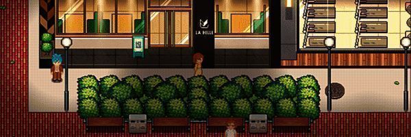 两位角色在街道上交谈，背景为霓虹灯闪烁的城市夜景