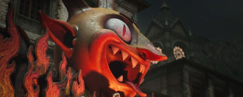 游戏封面宣传图，展示主角手持武器面对诡异神偶的紧张对峙场景