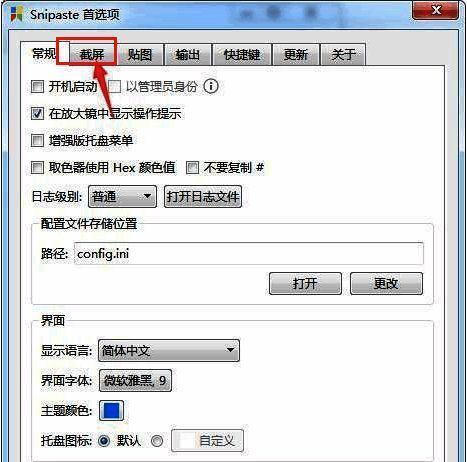 Snipaste首选项界面截图，突出显示截图栏目选中状态