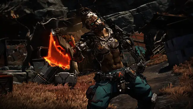 《无主之地4》Inceptus BOSS战场景，金属怪物挥舞钢尾发起猛烈攻击