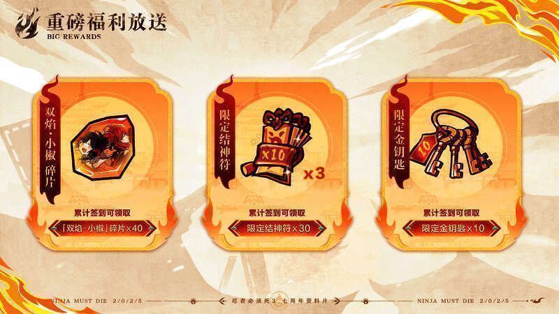 七周年签到界面截图，显示每日可领取的奖励内容，包括角色碎片、抽卡道具等