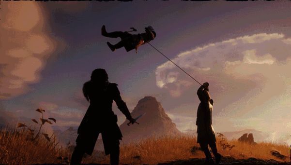 琳恩飞跃悬崖，身后是壮观的瀑布与峡谷