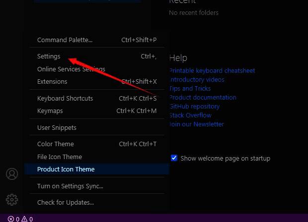 VSCode 设置入口示意图，显示左下角更多图标及 Settings 选项位置