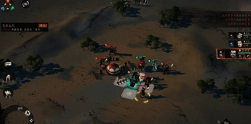 战斗场景中曹操站在隘口嘲讽敌人，郭嘉准备释放技能，夏侯惇蓄势待发